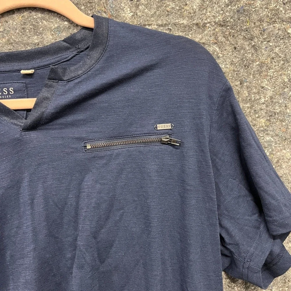 Guess Los Angeles Mens XL Navy Blue Slub Henley Zipper Pocket T-Shirt XL - Picture 2 of 6
